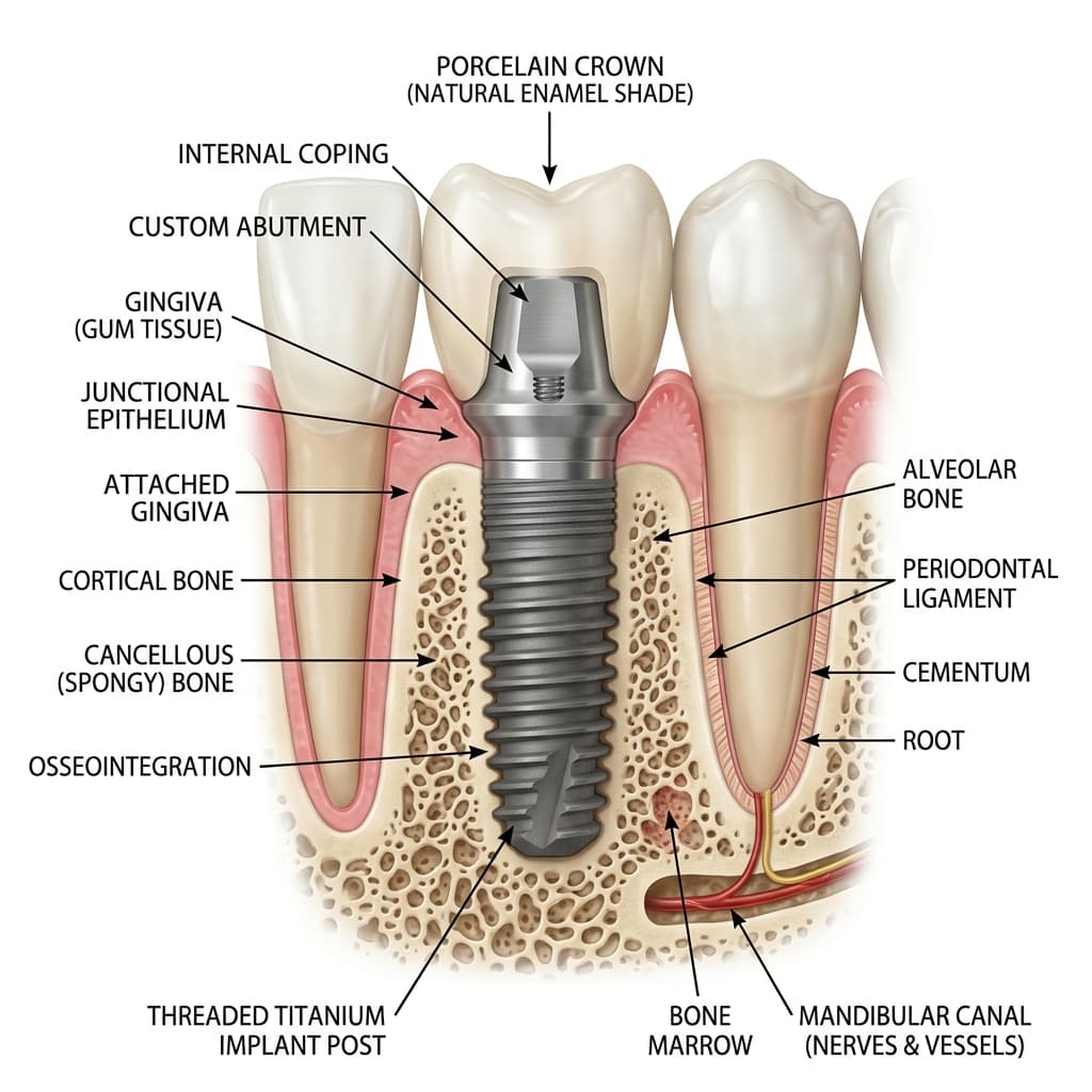 Dental implant diagram showing implant post and crown
