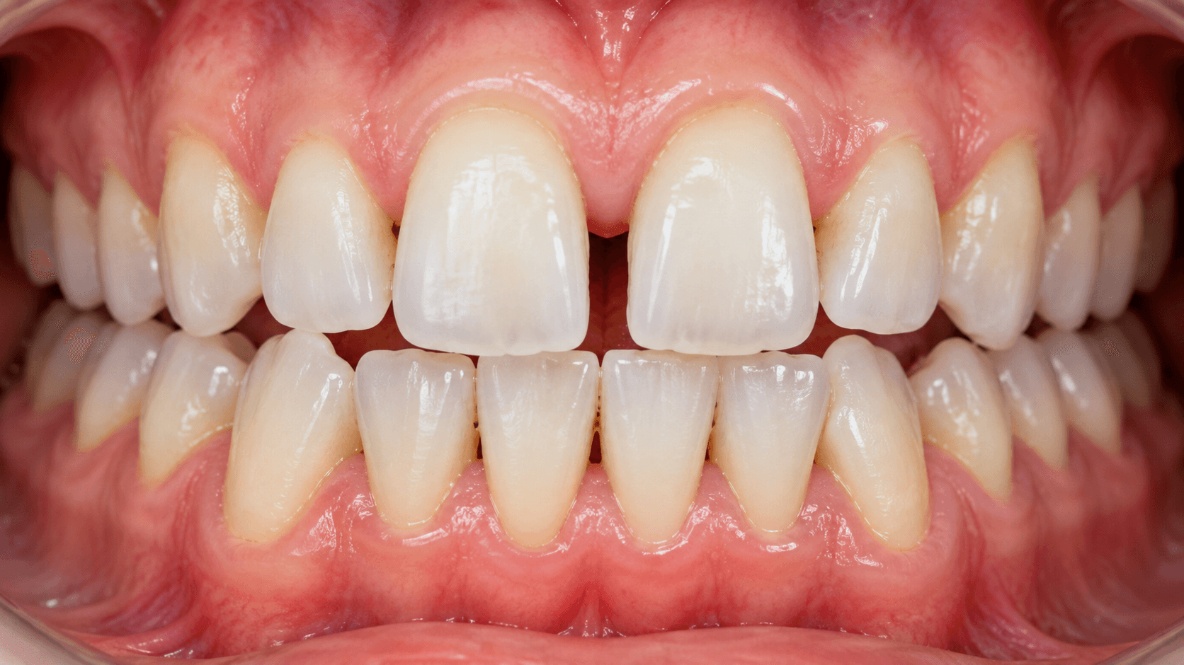 Close-up of front teeth with subtle spacing and shifting