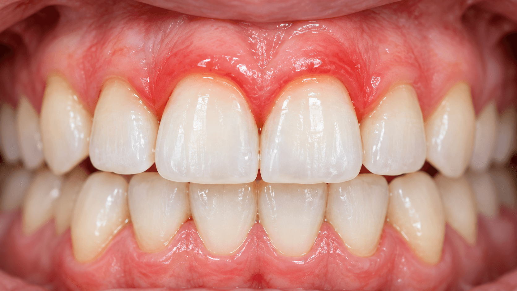 Close-up of red and swollen gums around front teeth